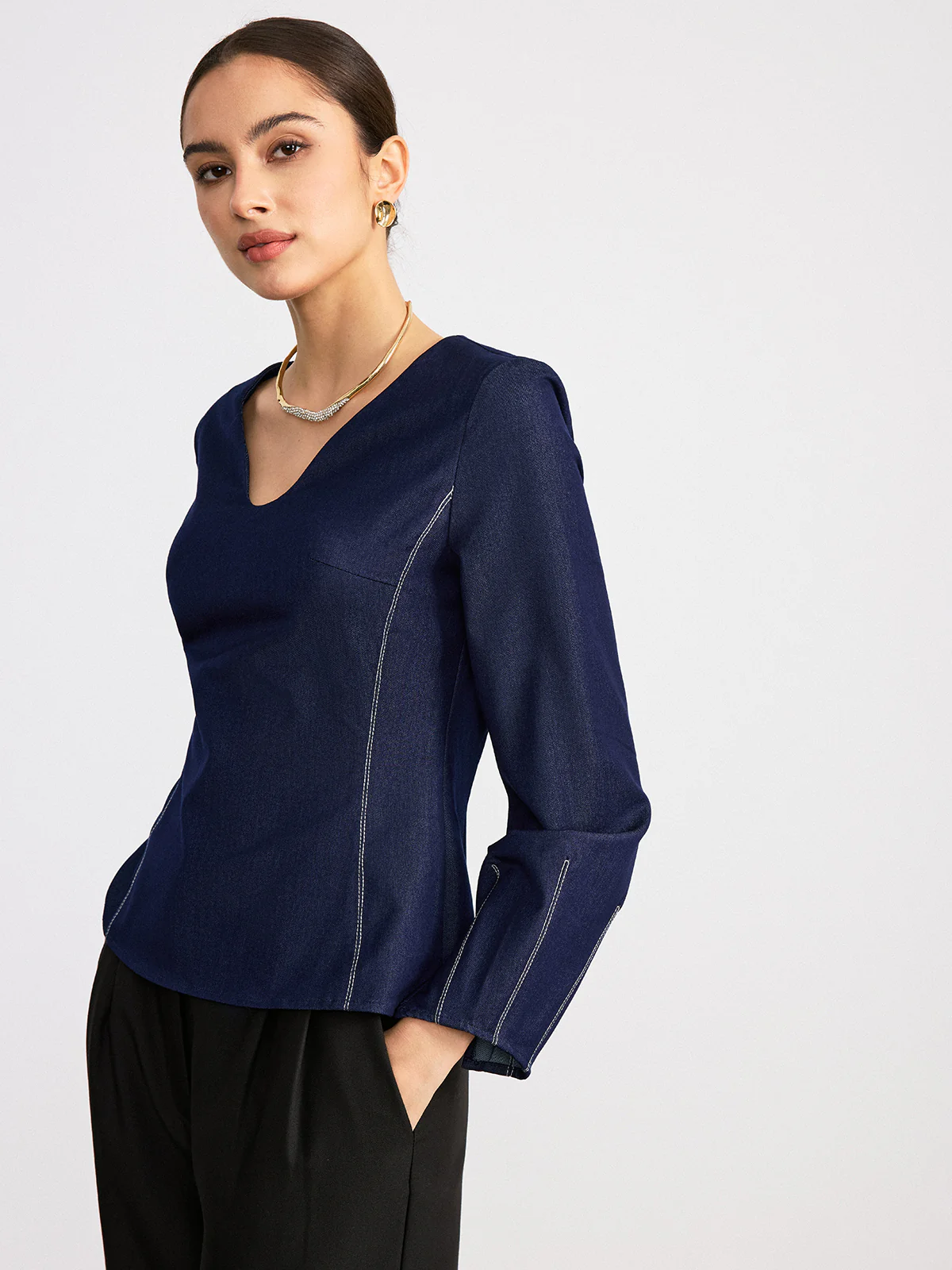 Notch Neck Contrast Stitched Blouse - Wholesalesil