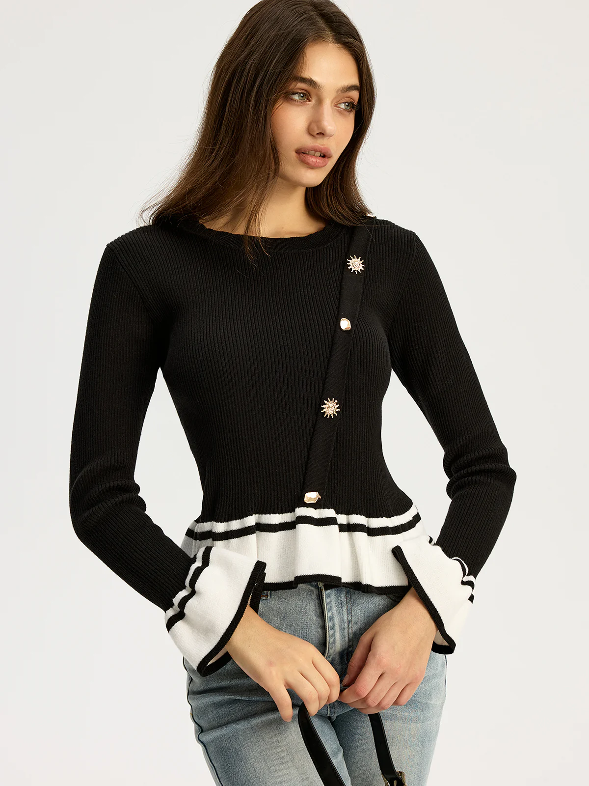 Contrast Ruffled Hem Sweater - Wholesalesil