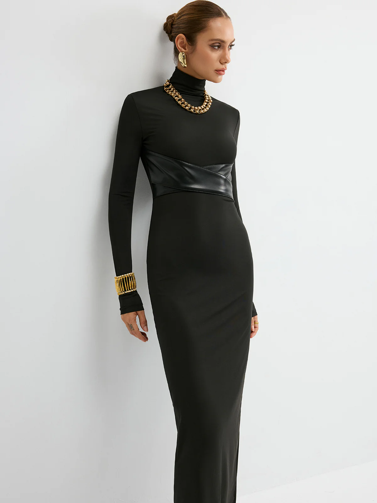 Turtleneck Faux Leather Paneled Maxi Dress - Wholesalesil