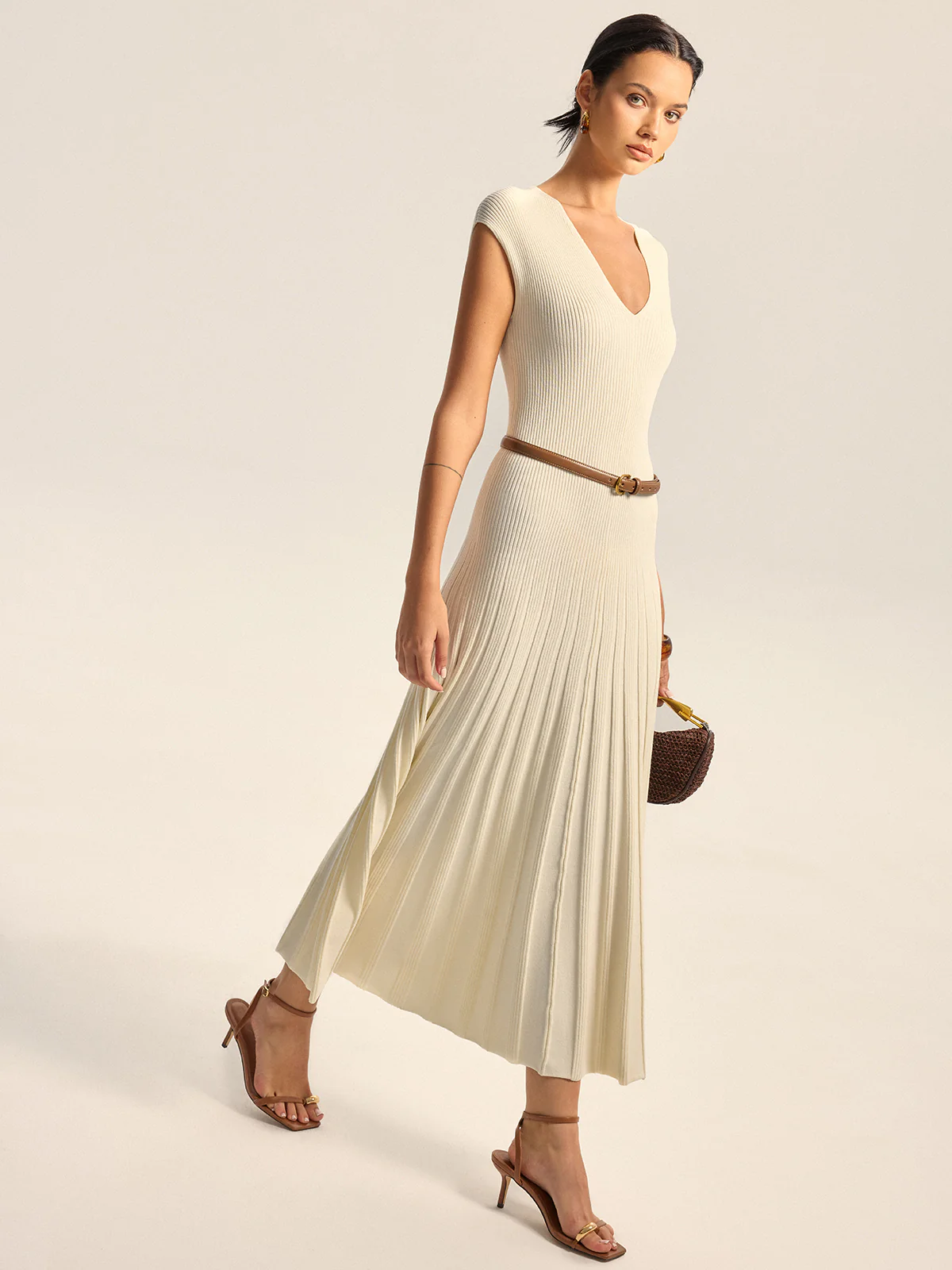 Ribbed Knit V-Neck Midi Dress Without Belt - Wholesalesil