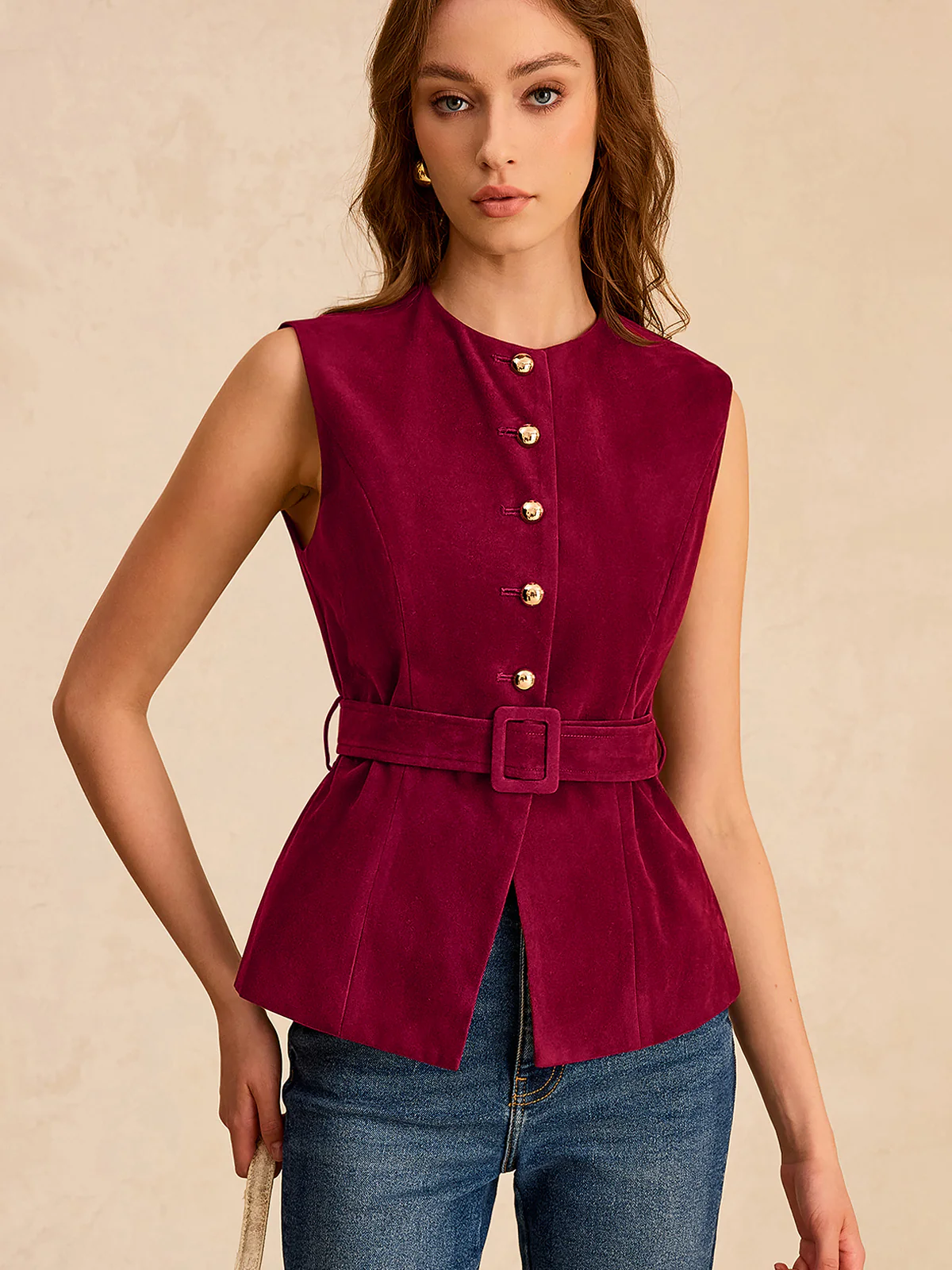Suede Effect Vest with Belt - Wholesalesil