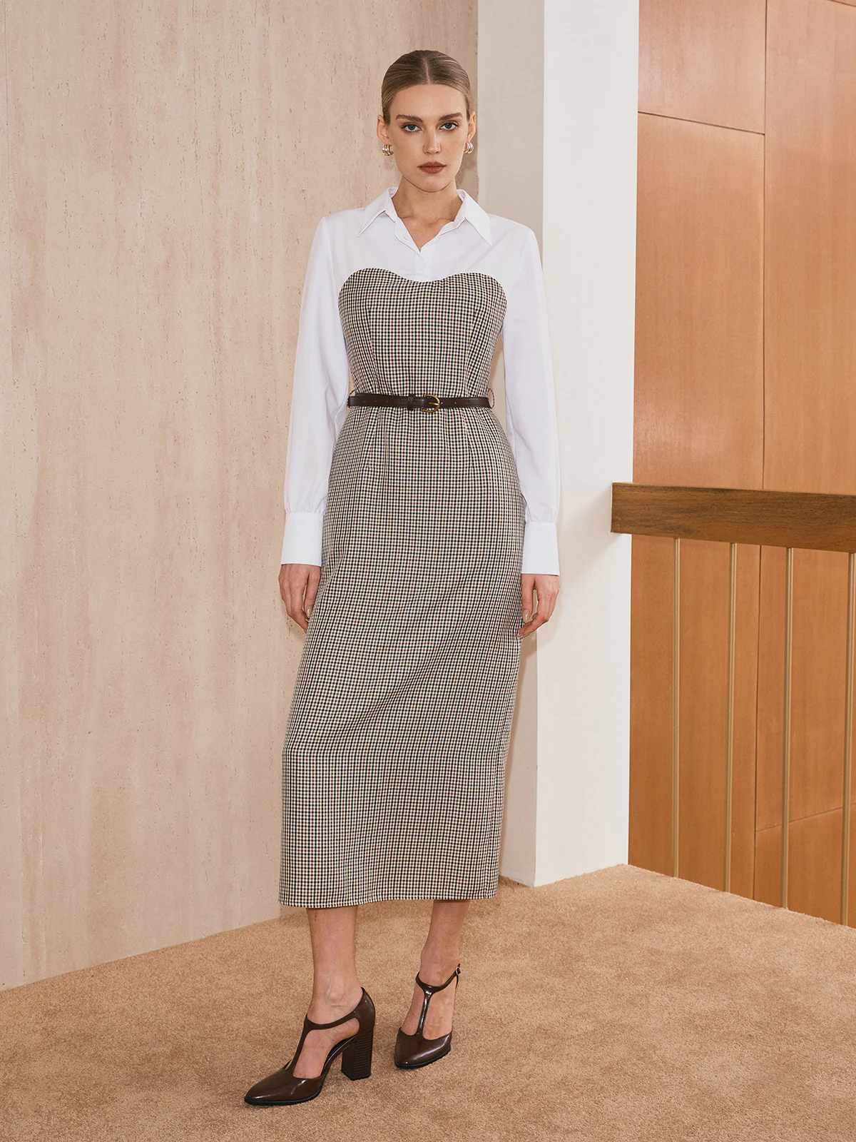 2 in 1 Shirt Plaid Panel Midi Dress with Belt - Wholesalesil