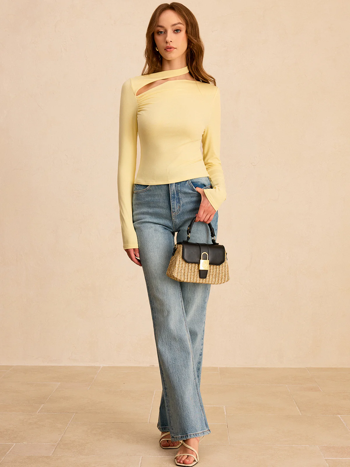 Asymmetric Cut-Out Ruched Long Sleeve Blouse - Wholesalesil