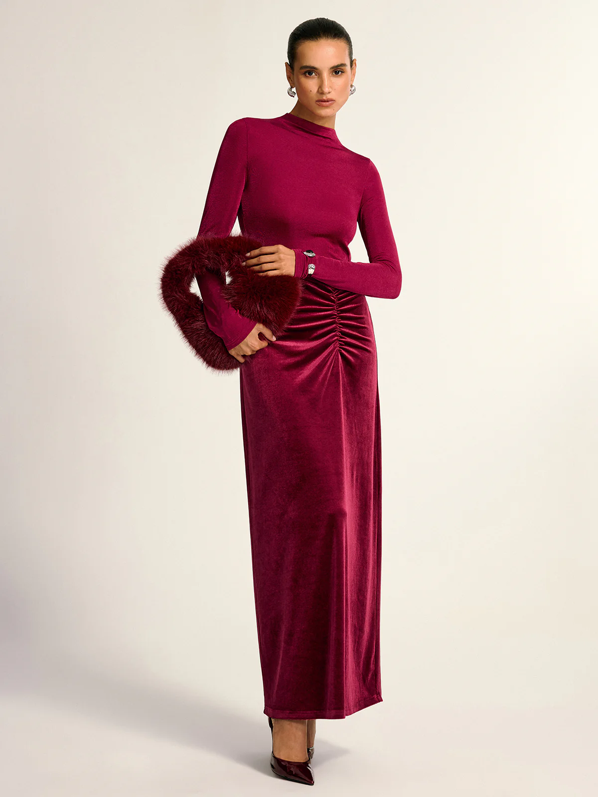 Velvet Panel Mock Neck Backless Maxi Dress - Wholesalesil