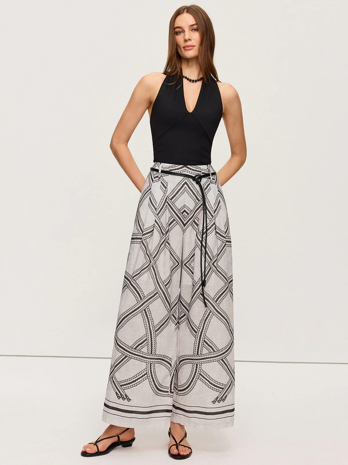 Geometric Print Belted Wide-Leg Pants - Wholesalesil