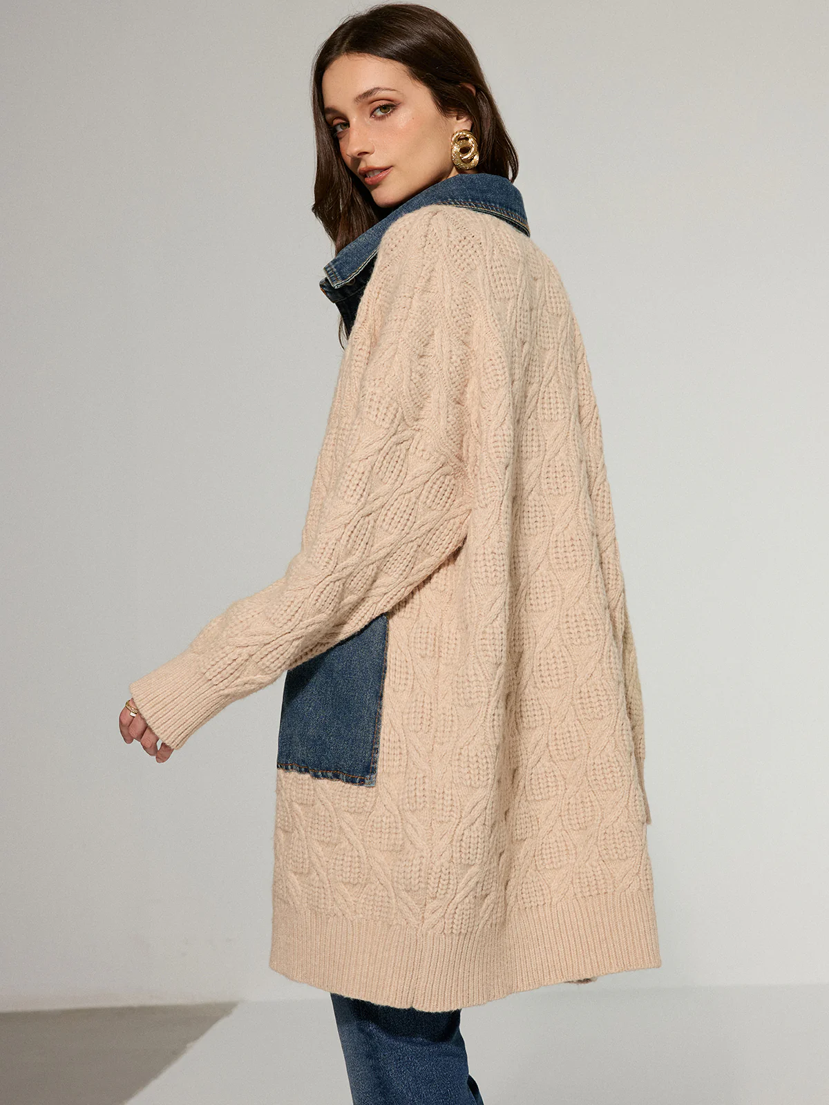 Cable Knit Denim Paneled Longline Cardigan - Wholesalesil