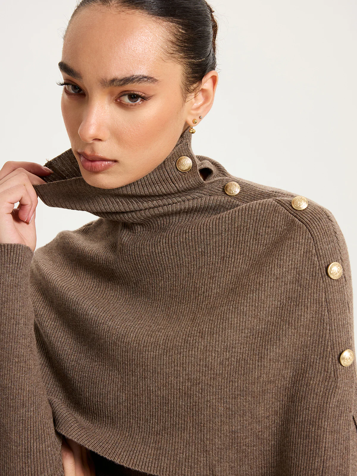 Ribbed Knit Top & Turtleneck Shawl Two-Piece Set - Wholesalesil