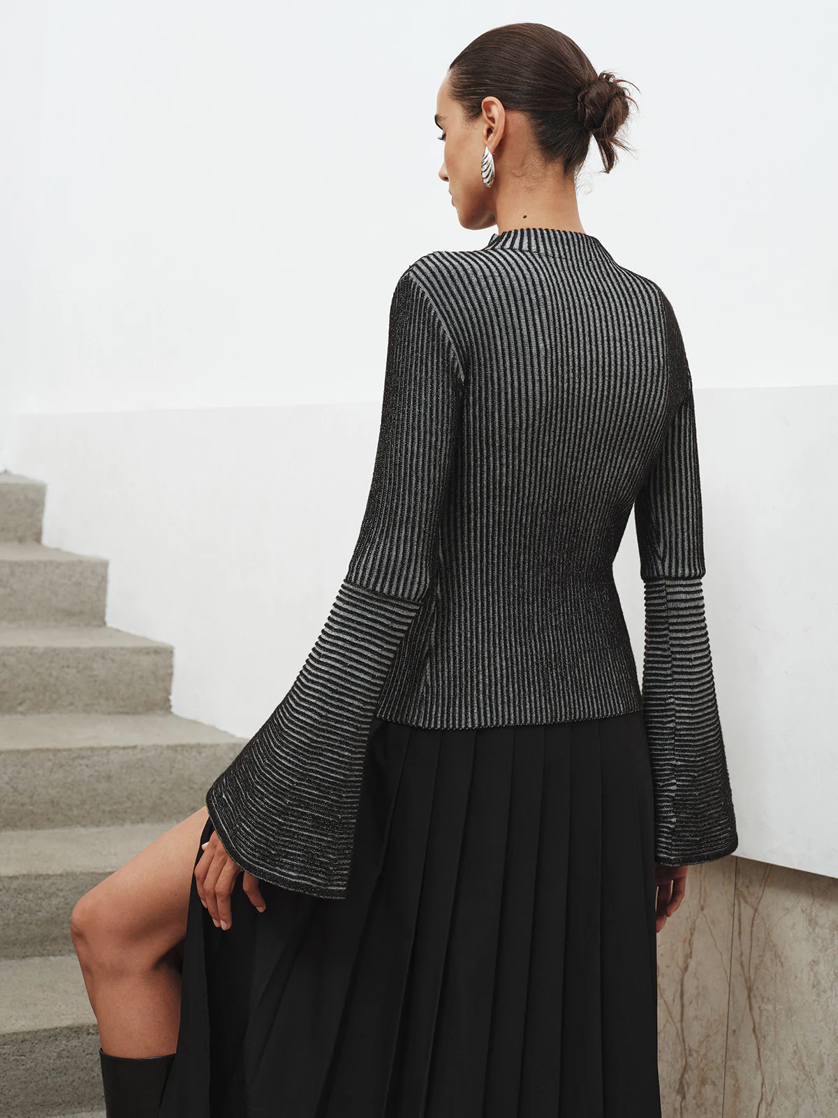 Flared Sleeve Striped Mock Neck Sweater - Wholesalesil