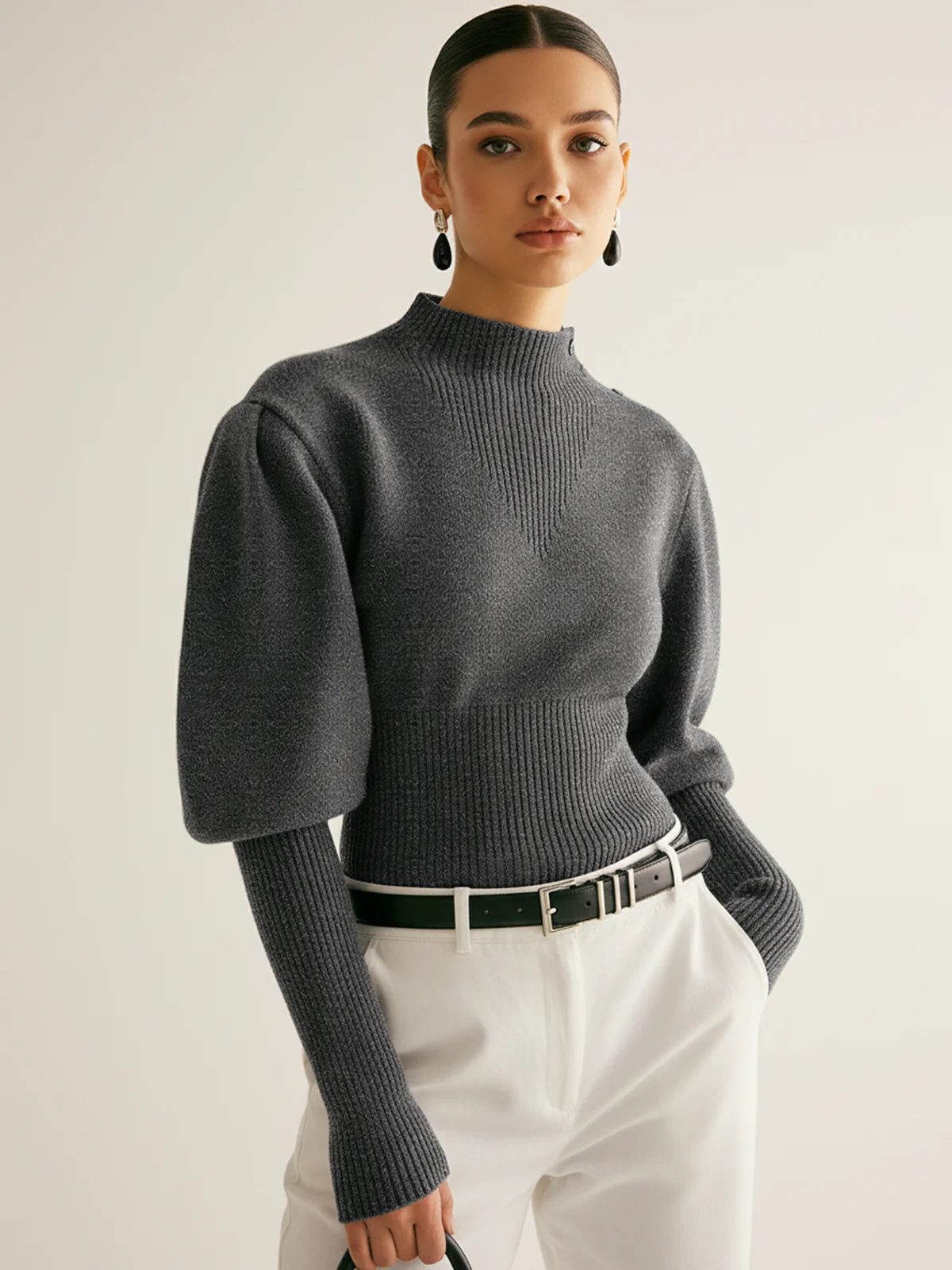 Leg-Of-Mutton Sleeve Button Detail Sweater - Wholesalesil