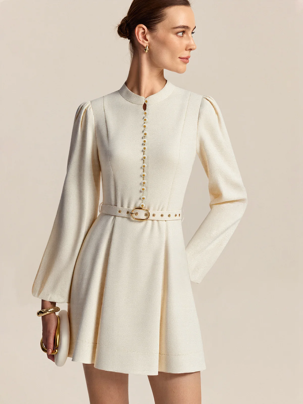 Cotton & Linen Belted Button Mini Dress - Wholesalesil