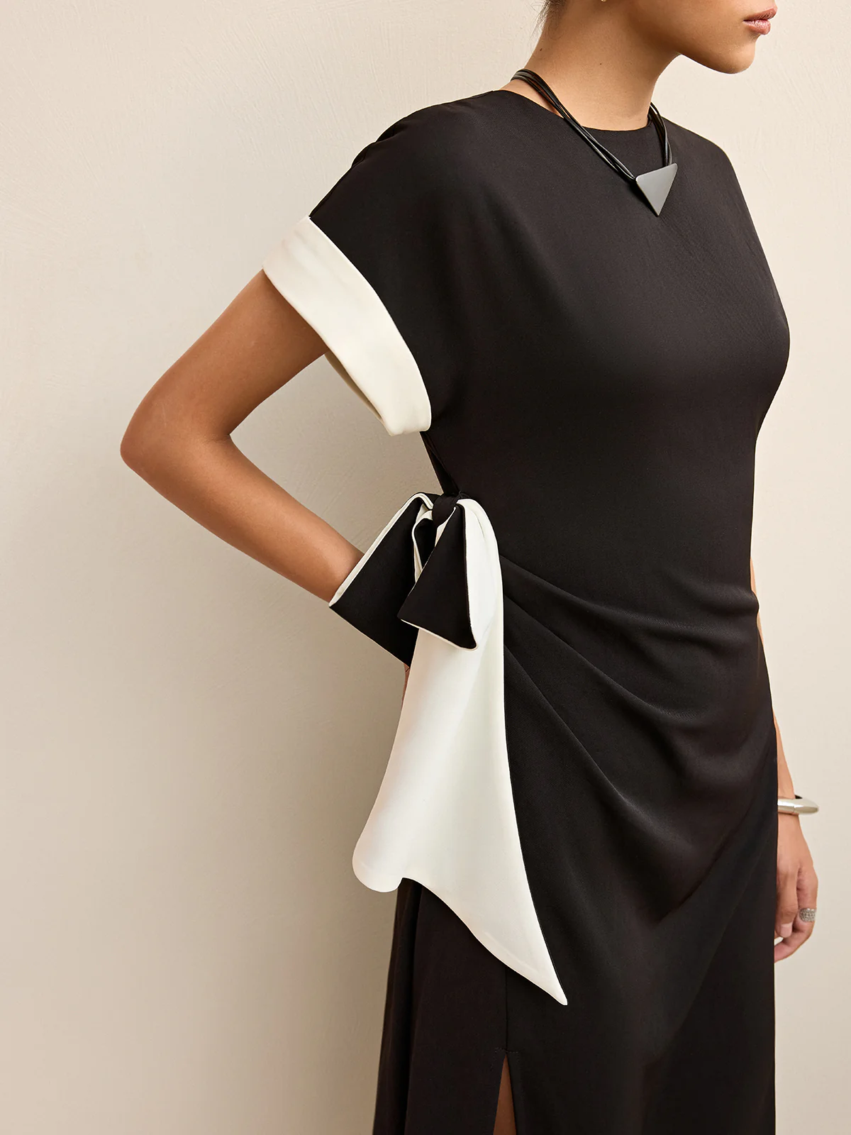 Contrast Trim Bow Slit Midi Dress - Wholesalesil