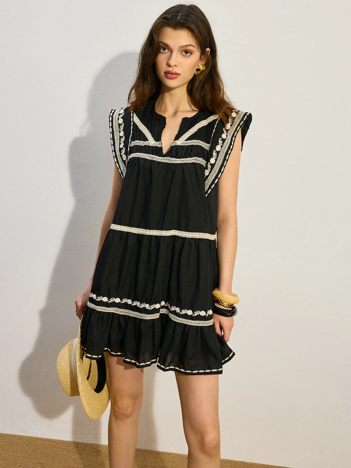 Embroidered Mini Dress with Ruffle Hem - Wholesalesil