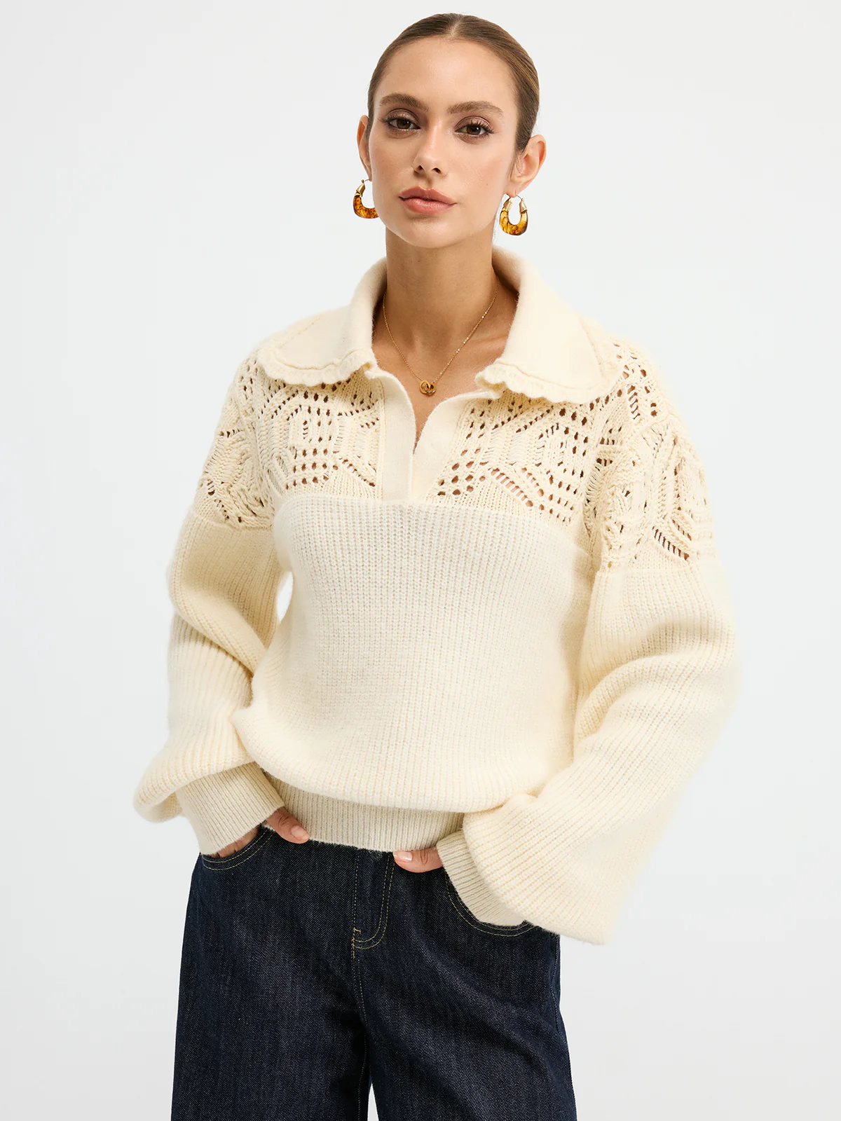 Openwork Polo Knit Sweater - Wholesalesil