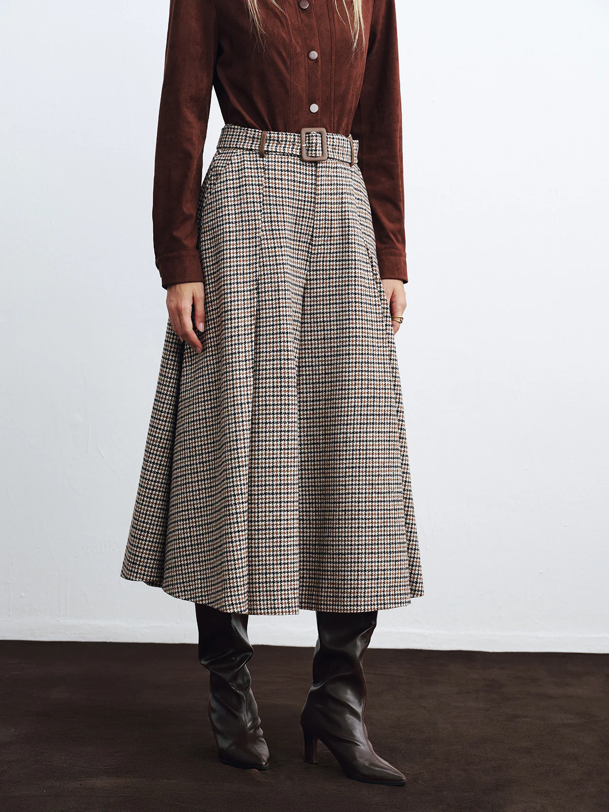 High-Waist Belted Houndstooth Wide-Leg Pants - Wholesalesil