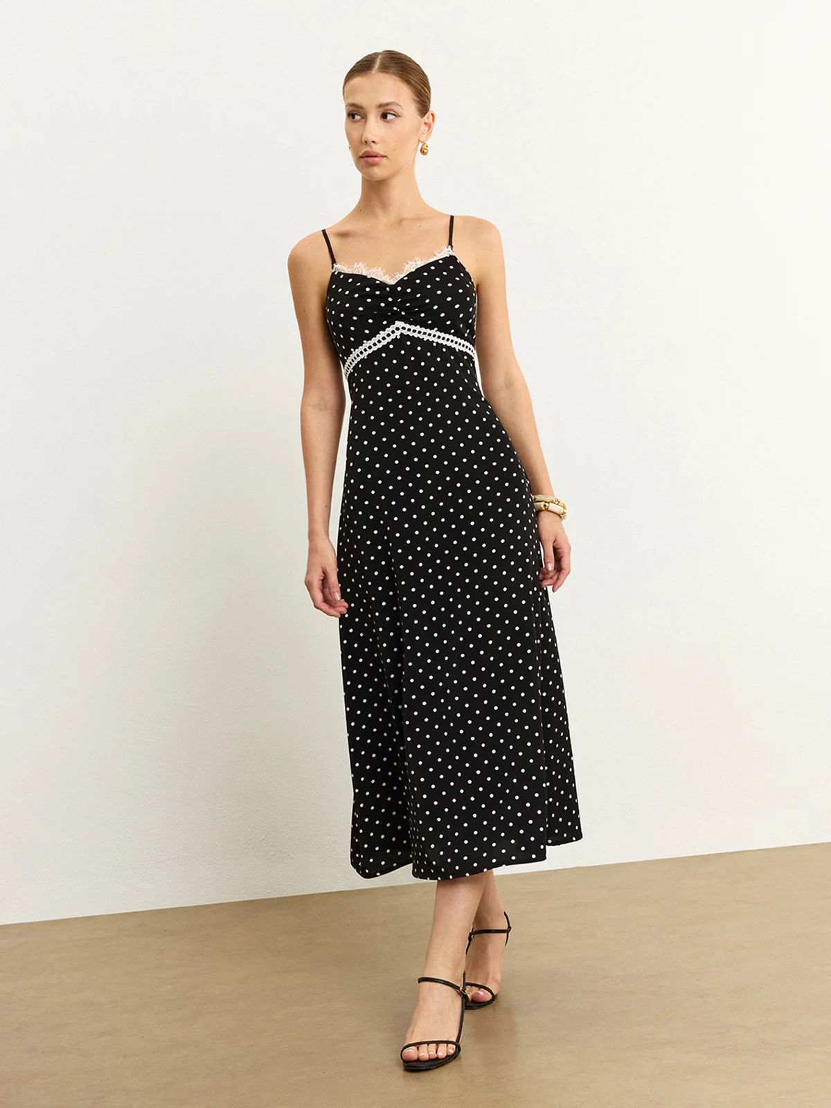 Polka Dot Lace Trim Midi Dress - Wholesalesil