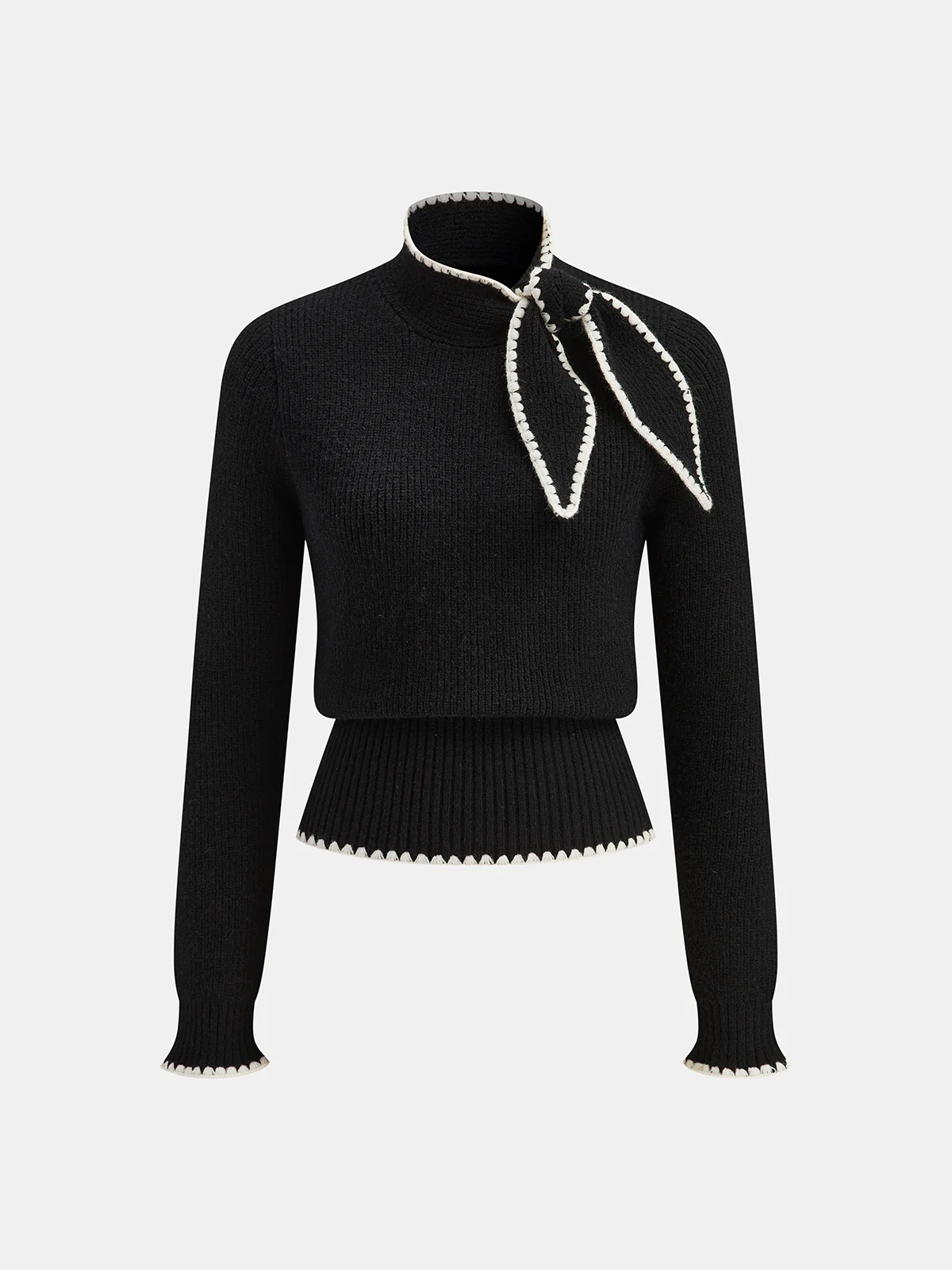 Mock Neck Tie Neck Contrast Stitch Sweater - Wholesalesil