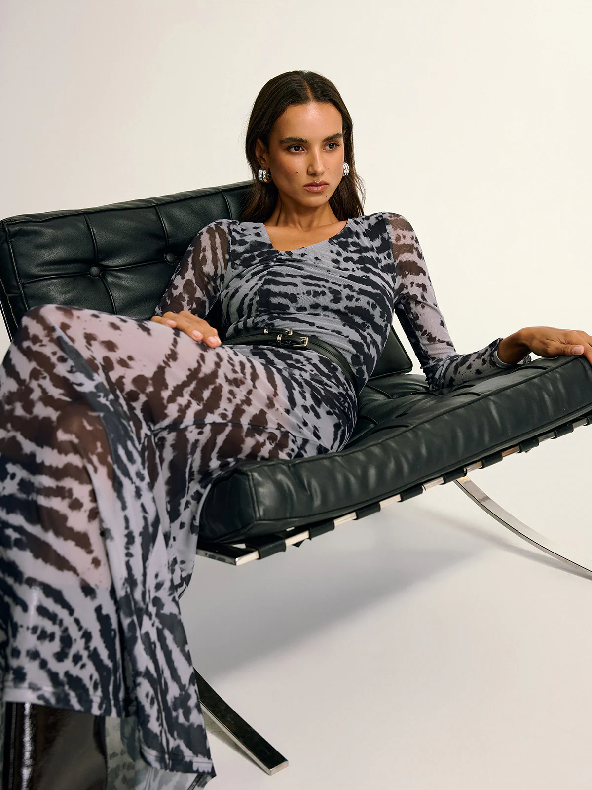 Long Sleeve Ruched Abstract Print Dress - Wholesalesil