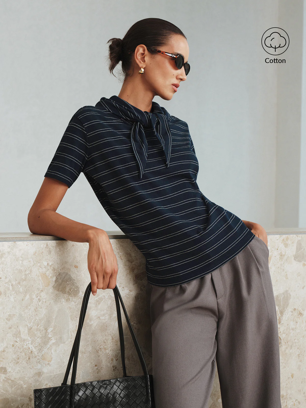 Striped Detachable Scarf Collar T-Shirt - Wholesalesil