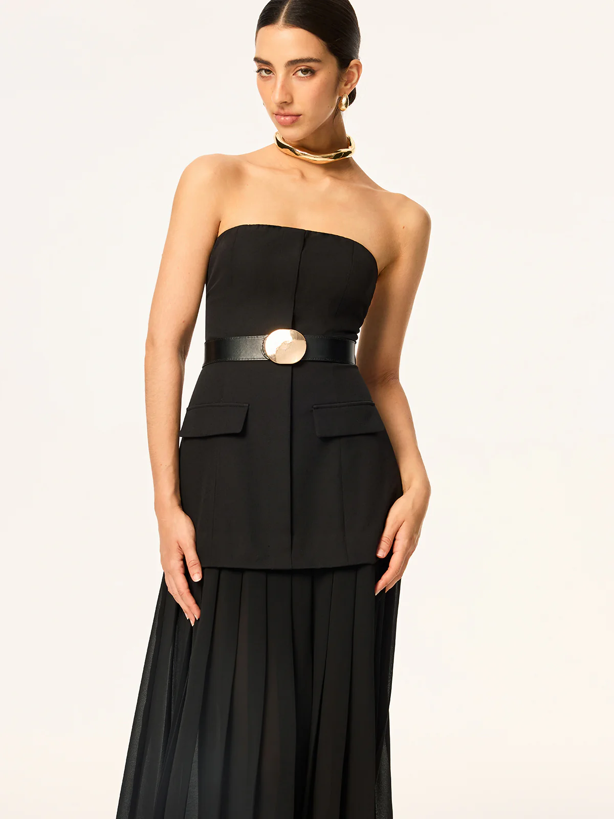 Semi-Sheer Strapless Belted Midi Dress with Chiffon Hem - Wholesalesil