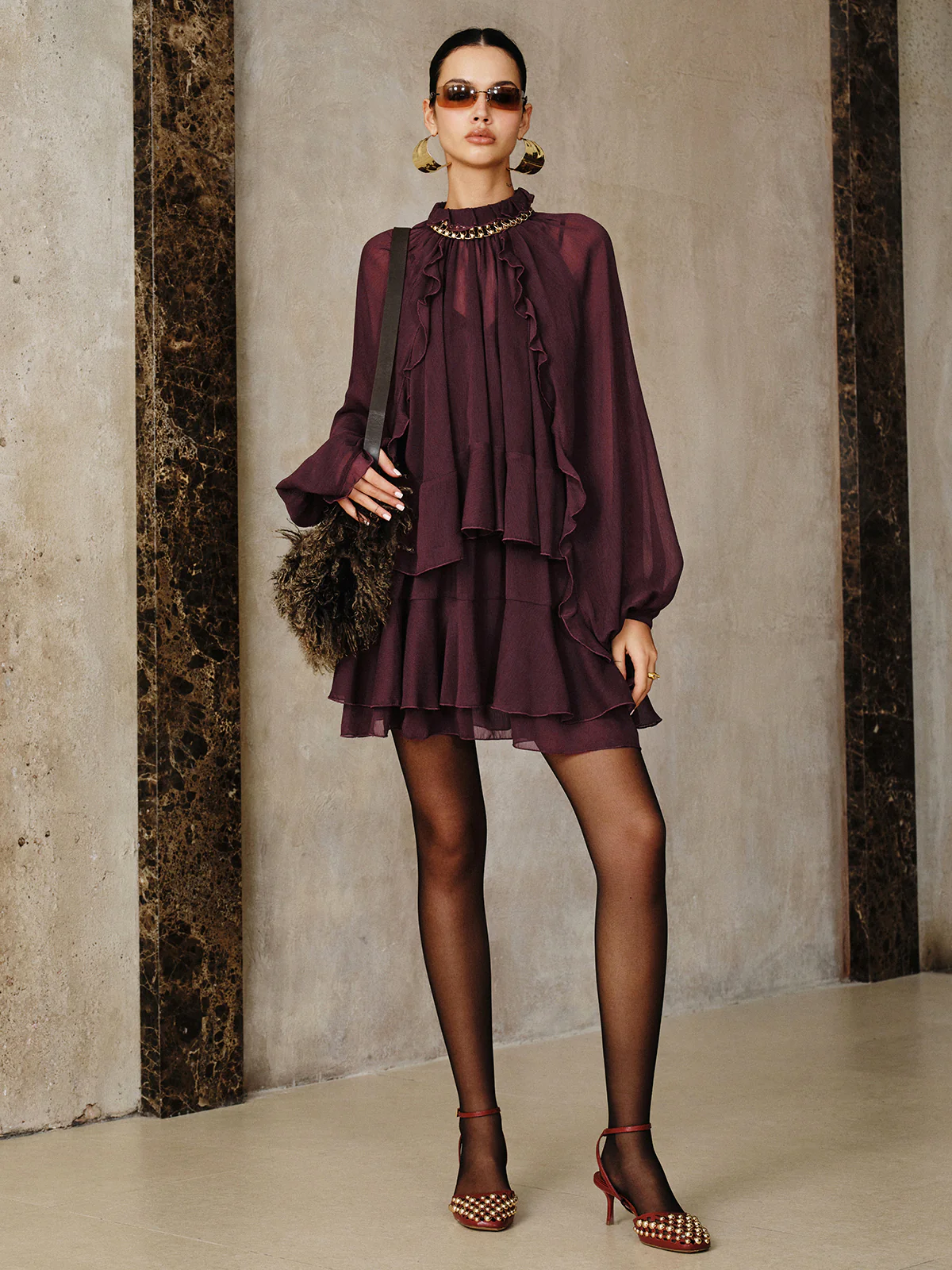 Tiered Ruffle Chiffon Mini Dress Set with Liner - Wholesalesil