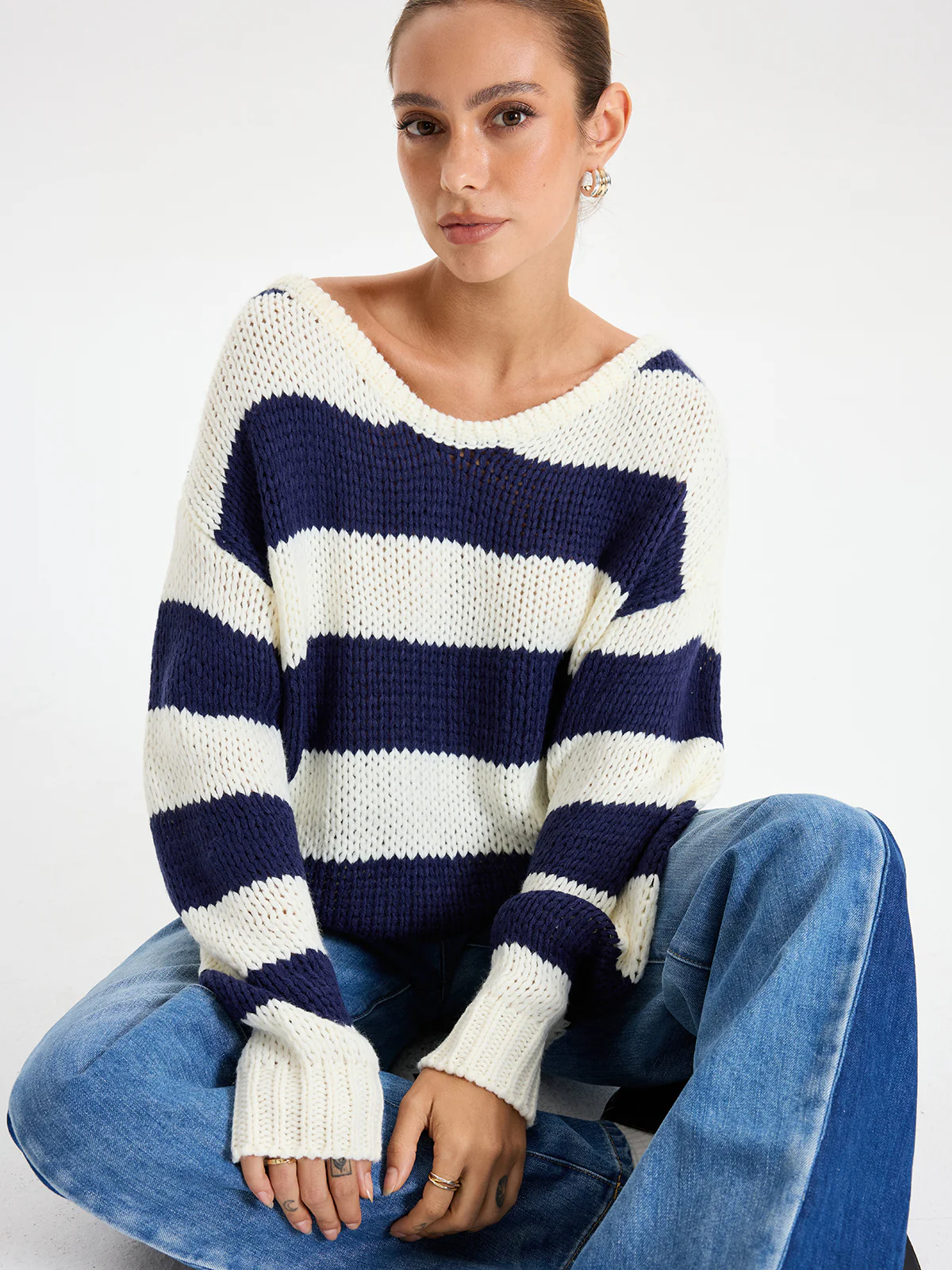 Oversized Striped Sweater Long Sleeve Sweater - Wholesalesil