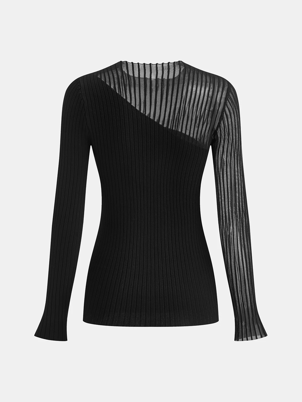 Asymmetric Sheer Mesh Panel Rib-Knit Top - Wholesalesil