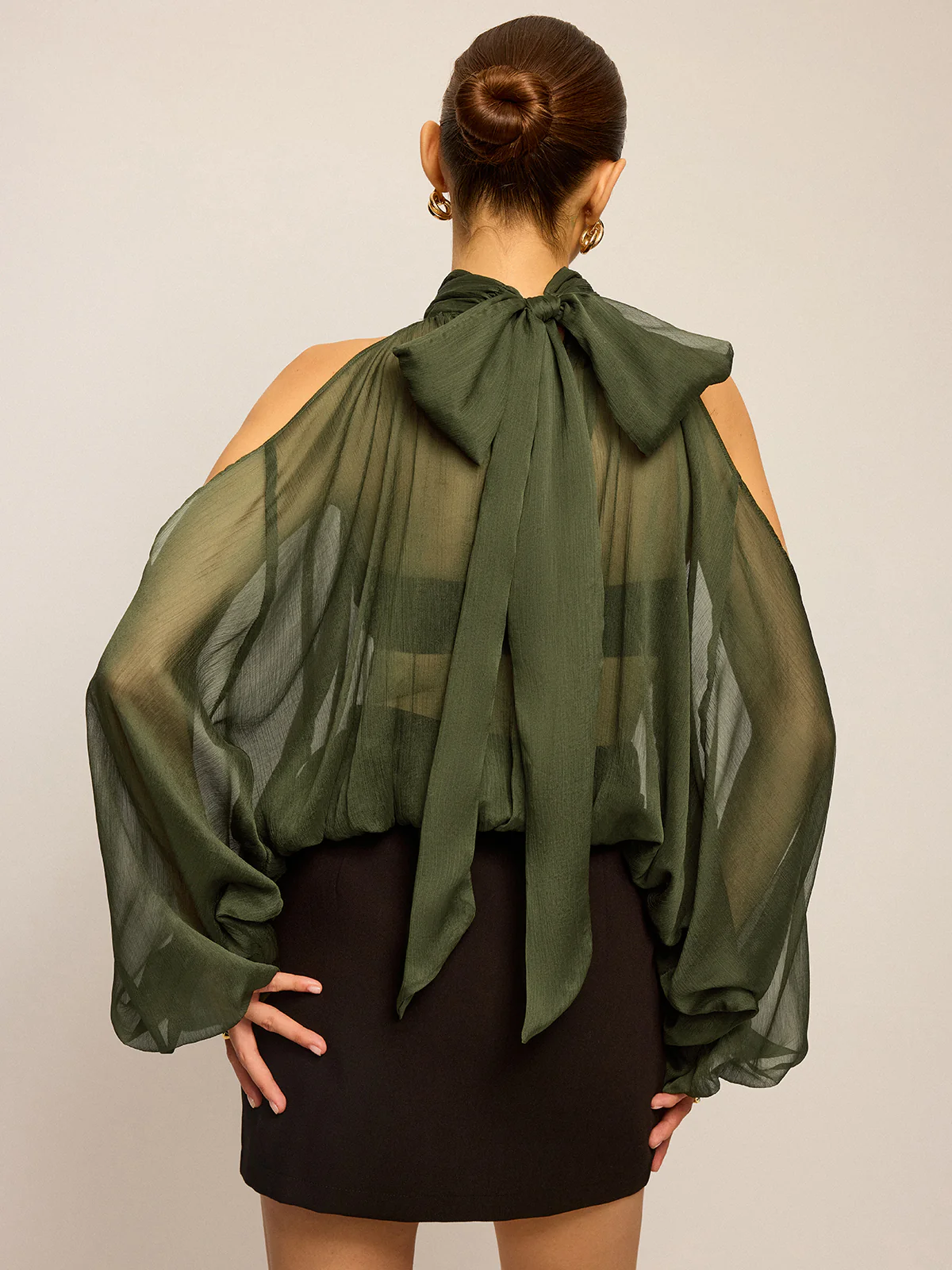 Sheer Halter Neck Cut-Out Sleeve Top with Bow Back - Wholesalesil