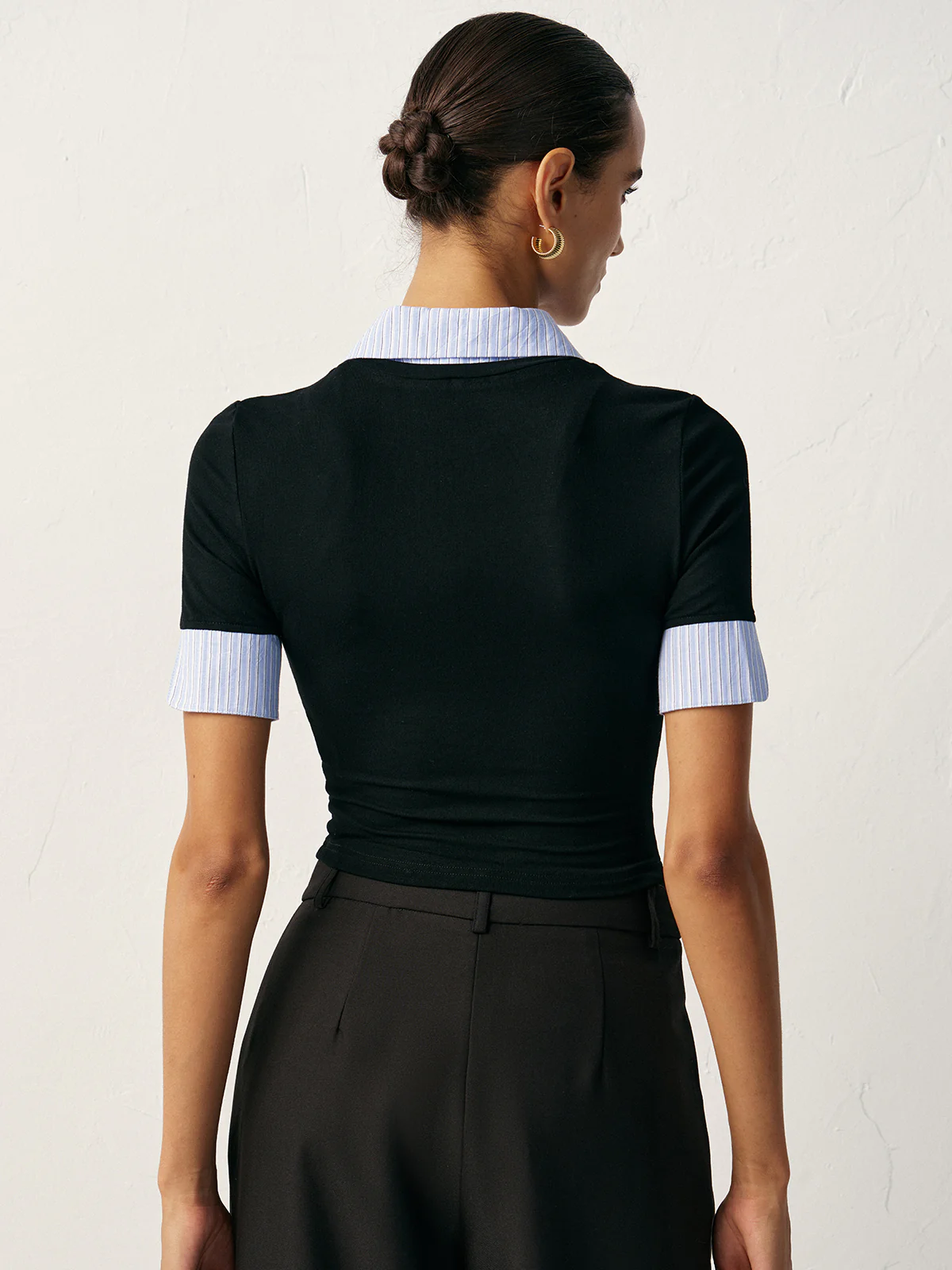 2 in 1 Paneled Collar And Cuffs Fitted T-Shirt - Wholesalesil