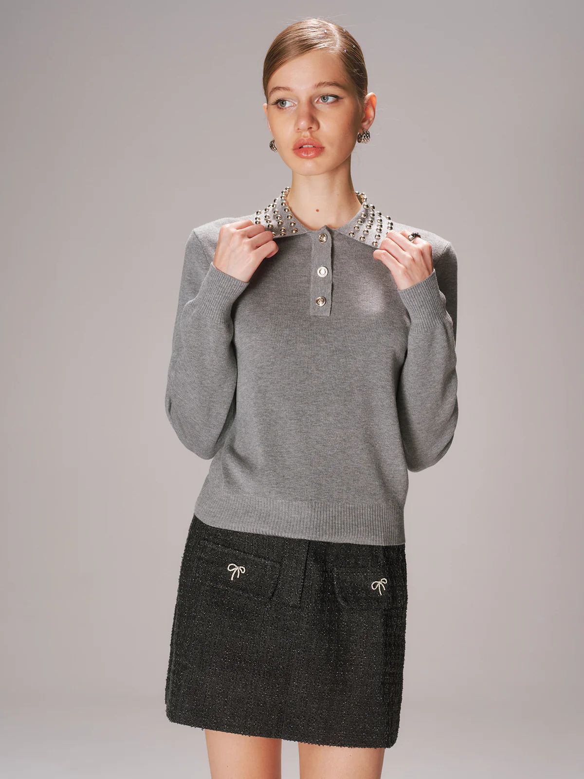Studded Collar Wool-Blend Knit Polo Sweater - Wholesalesil