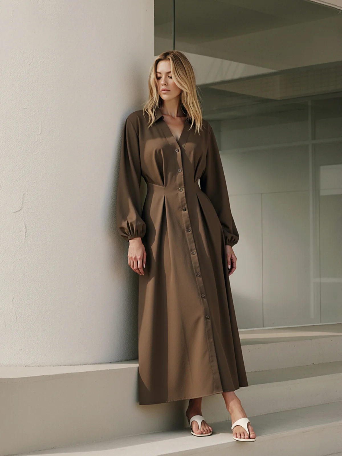 Long Sleeve Button Front Cotton Shirt Dress - Wholesalesil