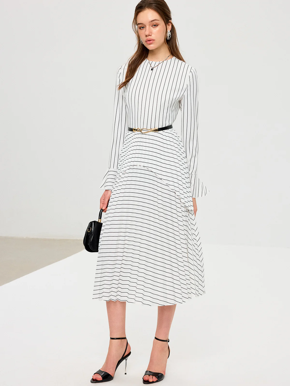 Striped Long Sleeve Belted Midi Dress - Wholesalesil