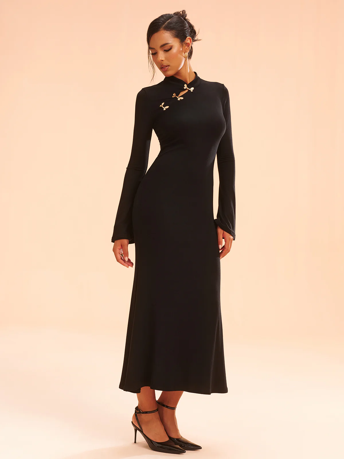 Metal Bow Detail Stand Collar Maxi Dress - Wholesalesil