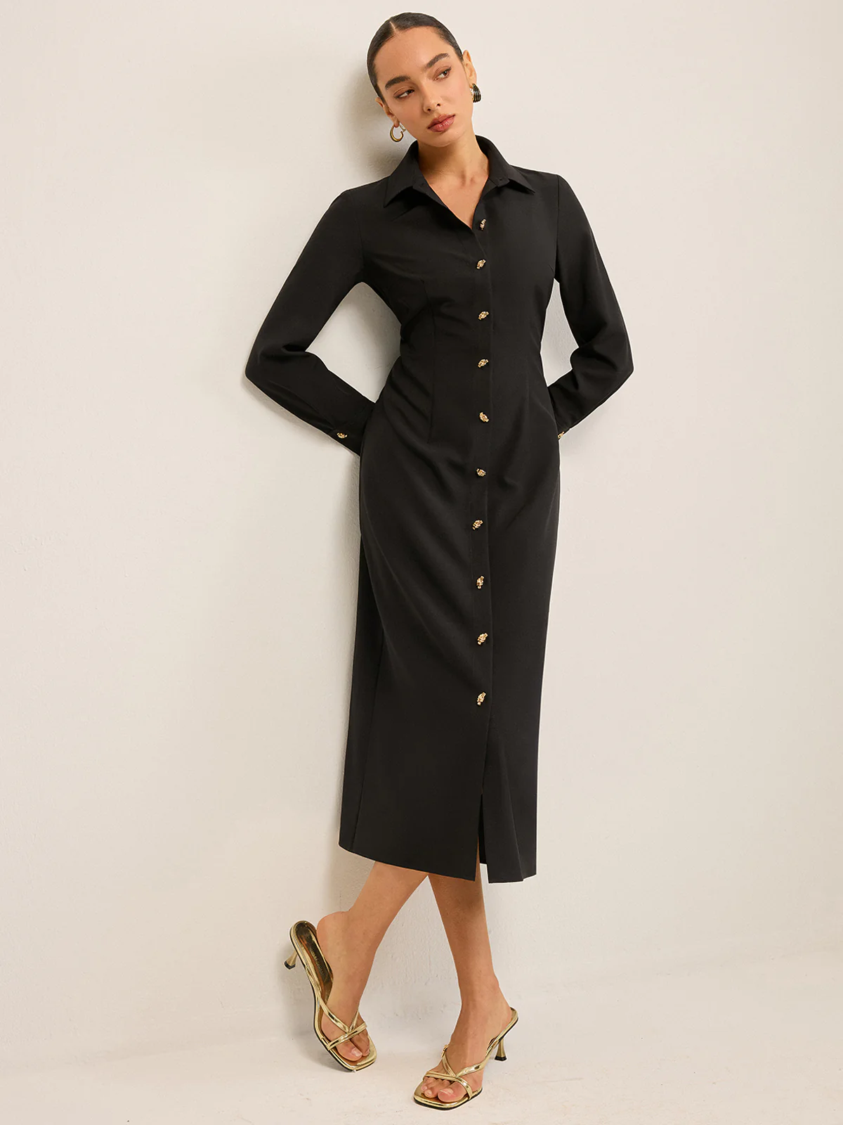 Long Sleeve Button-Front Shirt Dress - Wholesalesil