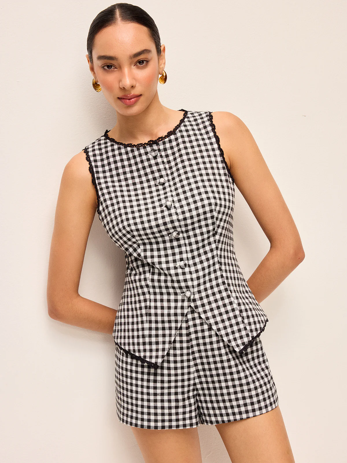 Gingham Button Top and Shorts Set - Wholesalesil