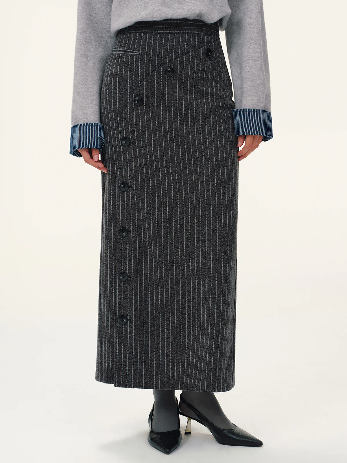 Asymmetric Button Striped Maxi Skirt - Wholesalesil
