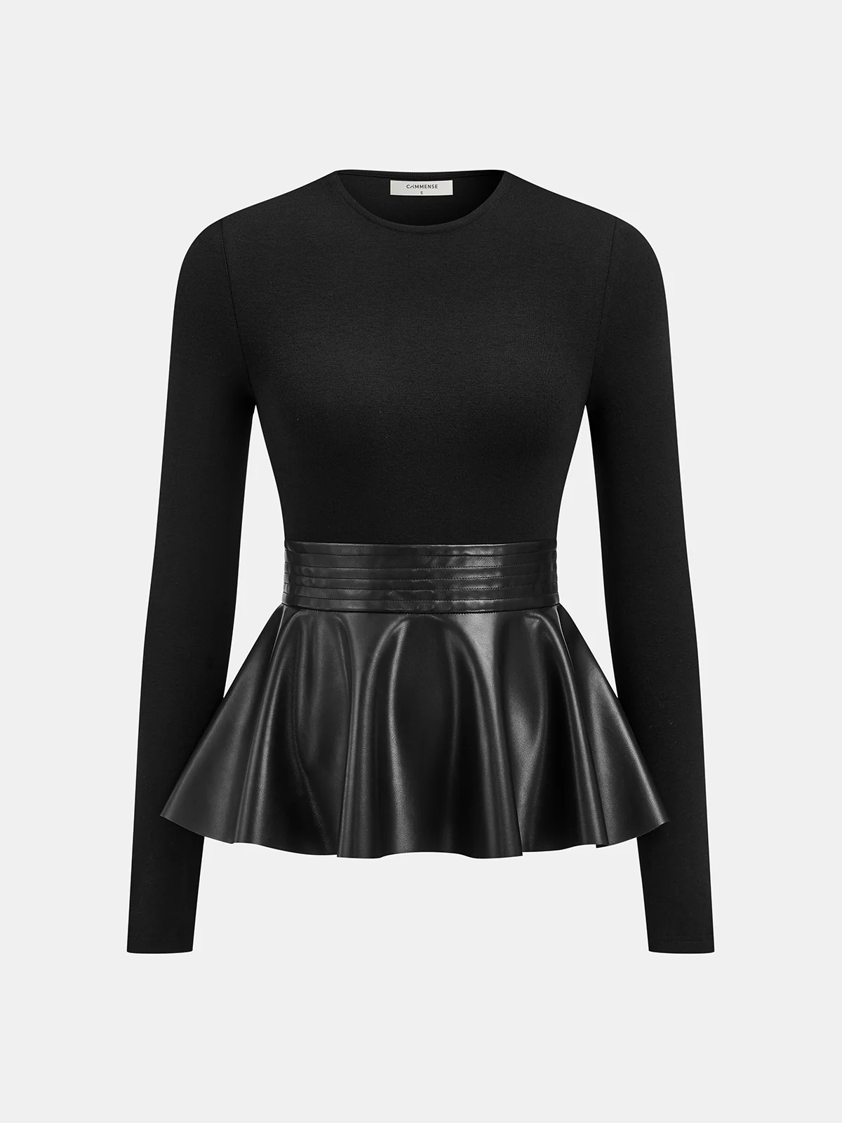 Faux Leather Peplum Long-Sleeve Top - Wholesalesil
