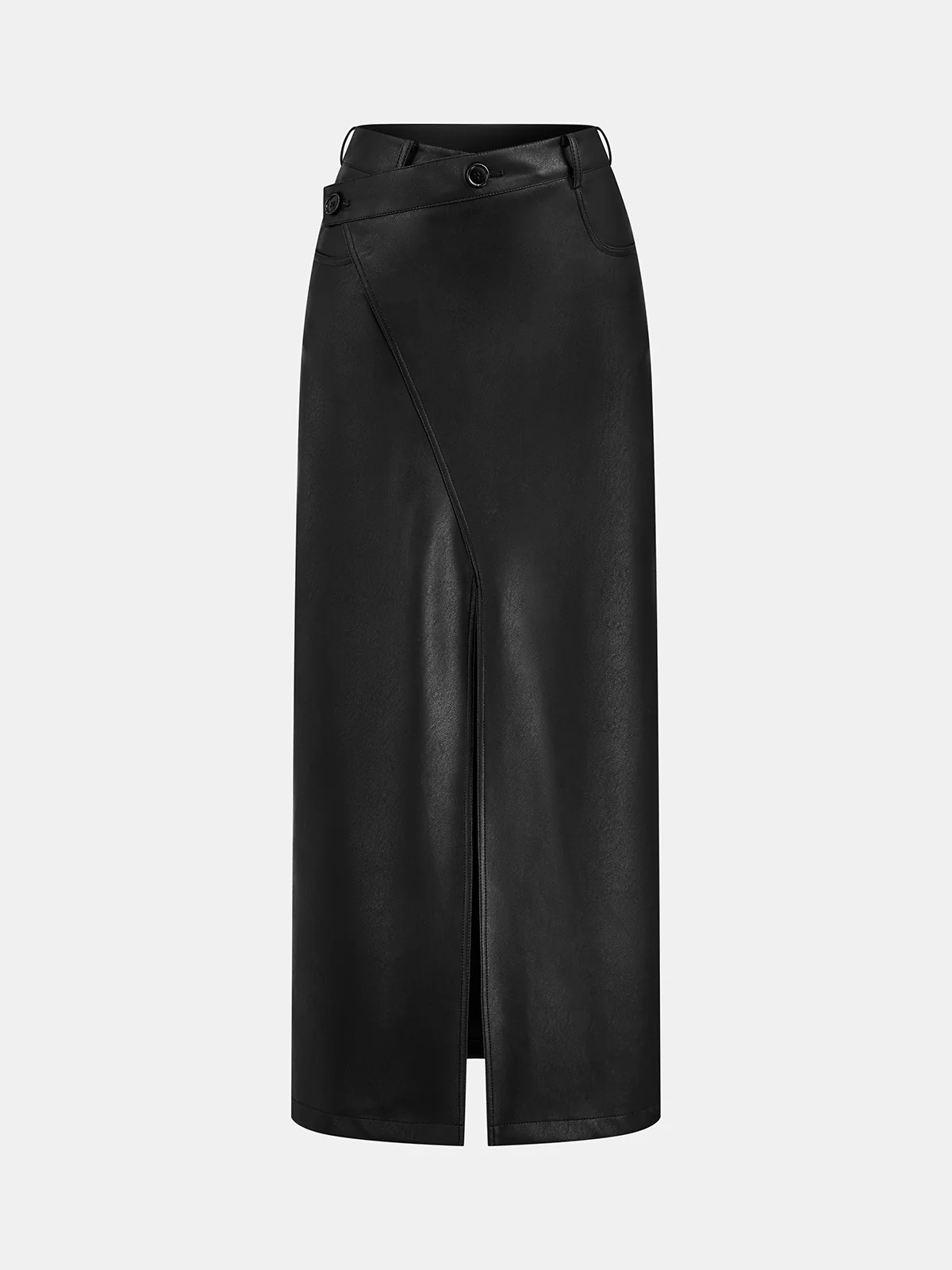 Asymmetric Faux Leather Midi Skirt - Wholesalesil