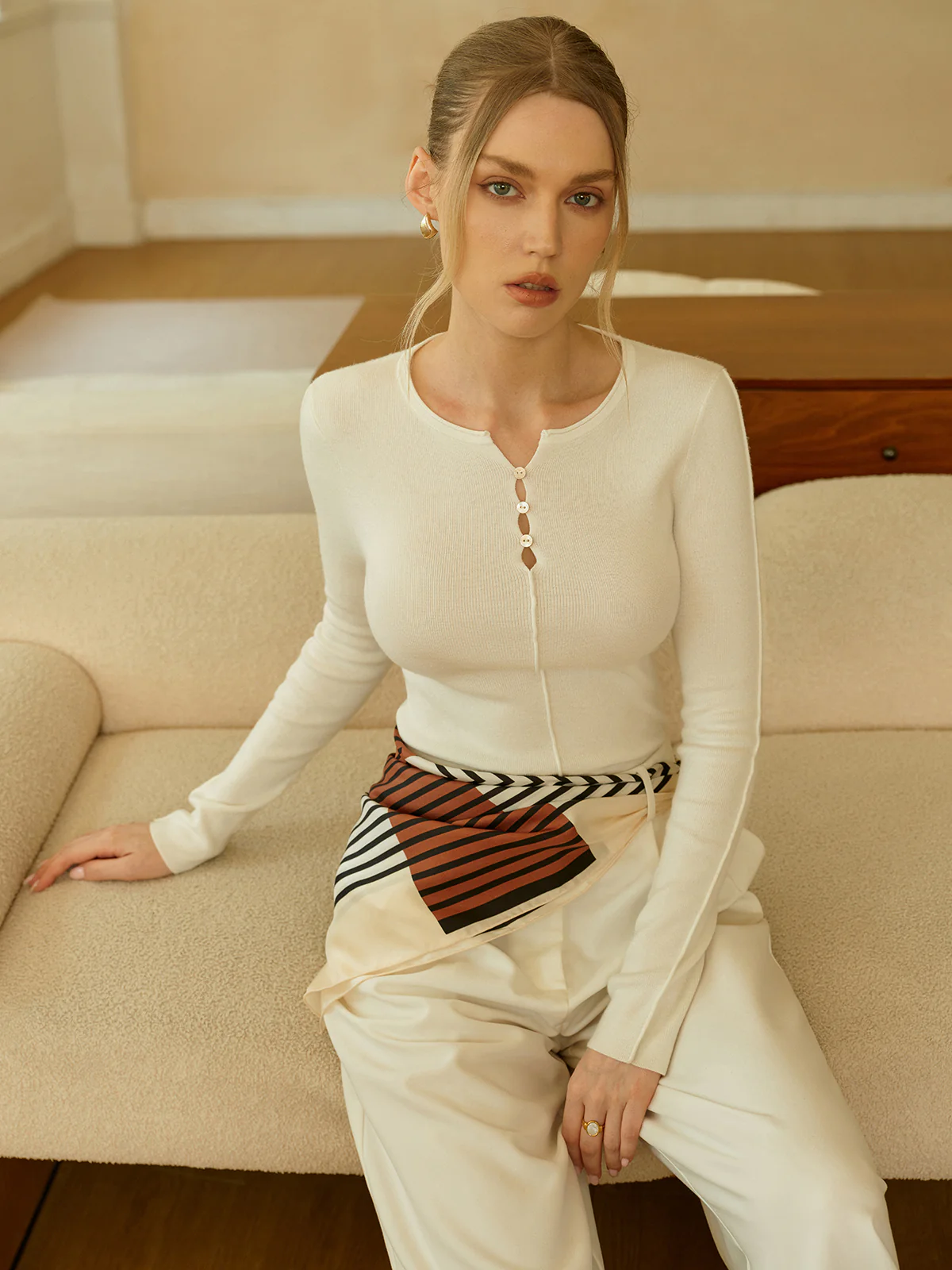 Wool Blend Button-Detailed Neck Sweater - Wholesalesil