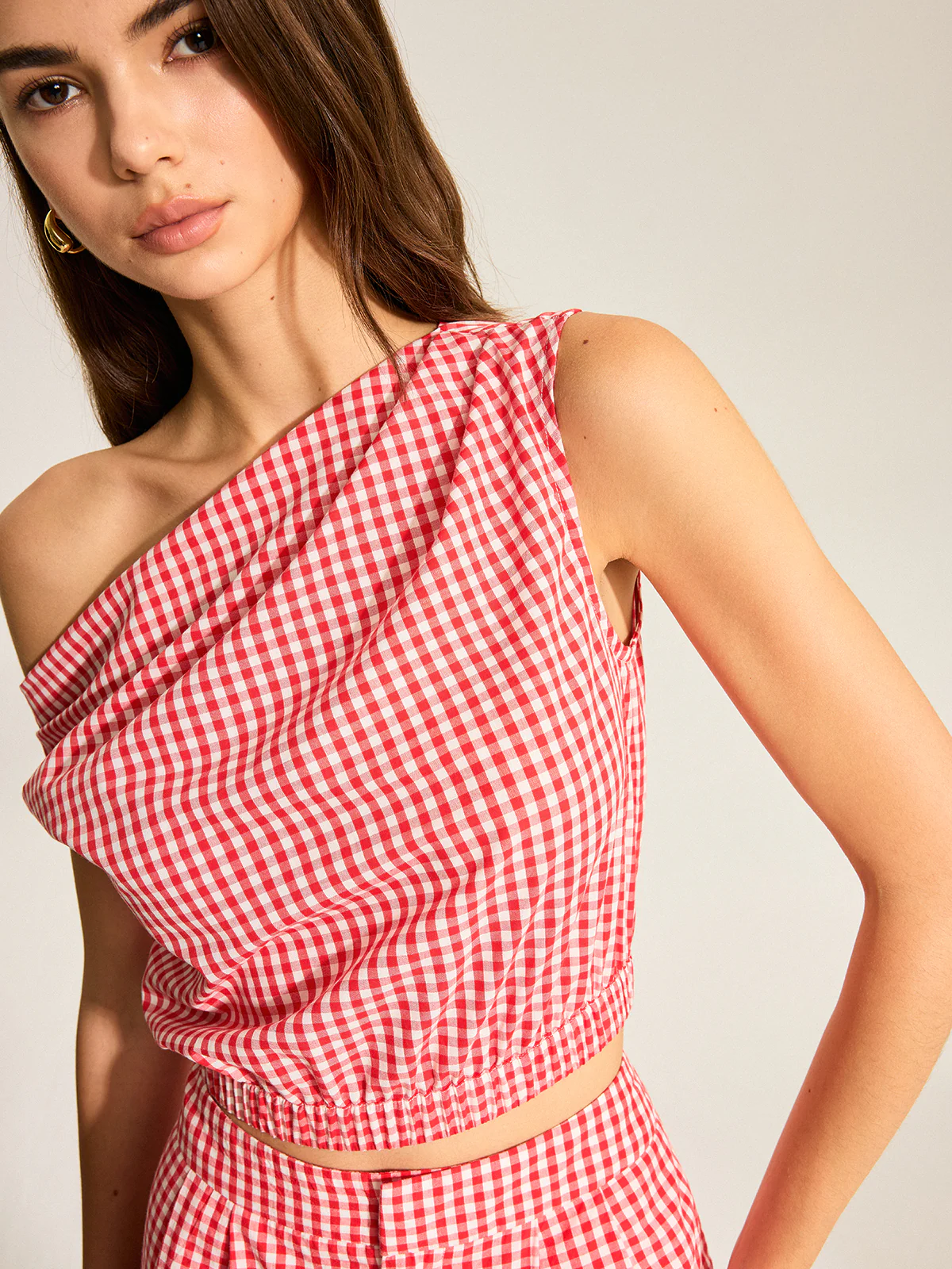 Gingham One-Shoulder Top and Shorts Set - Wholesalesil