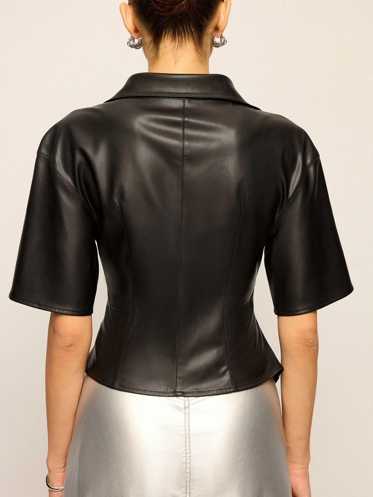 PU Leather Short Sleeve Twisted Blouse - Wholesalesil