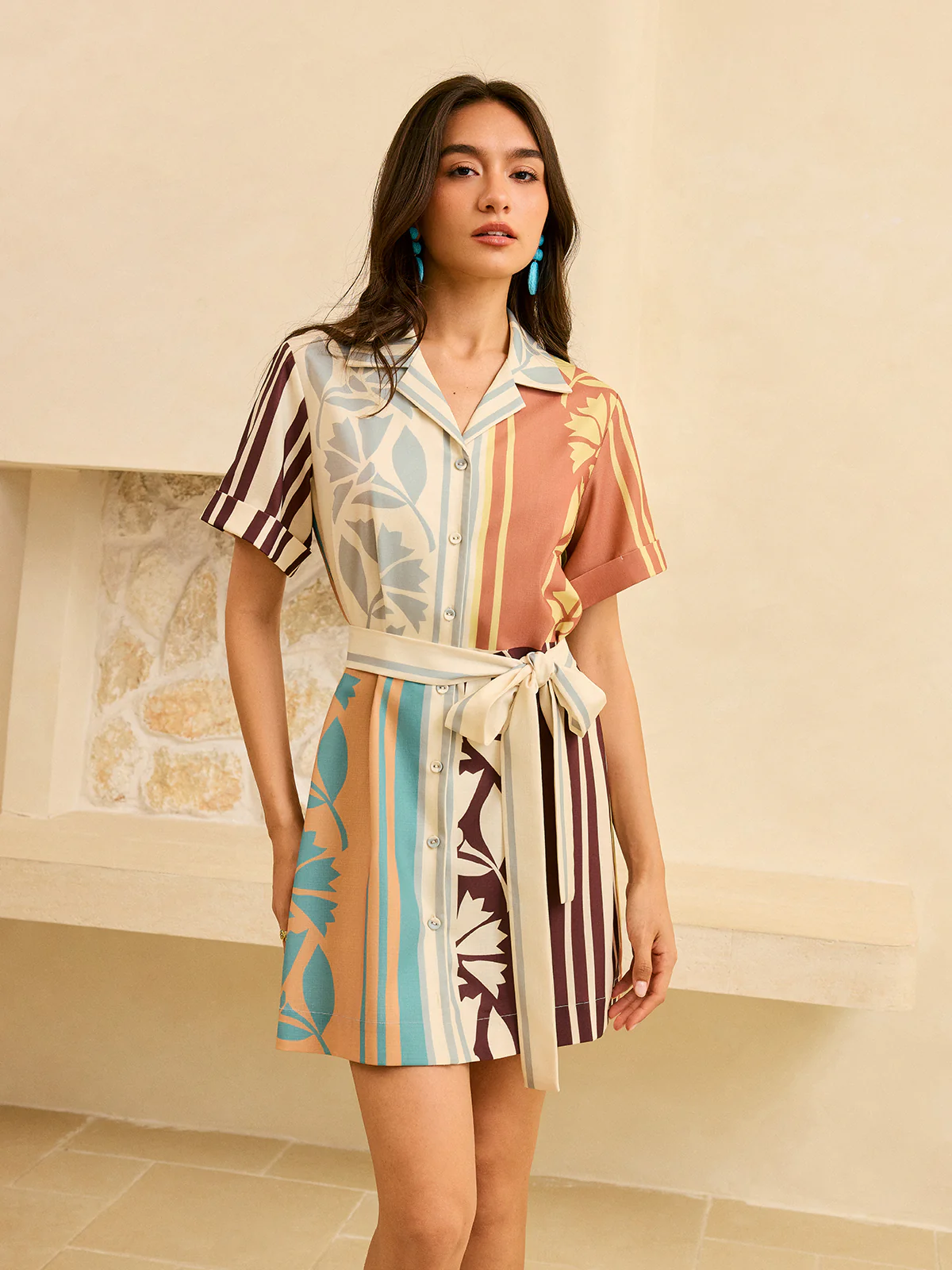 Abstract Print Belted Striped Dress - Wholesalesil