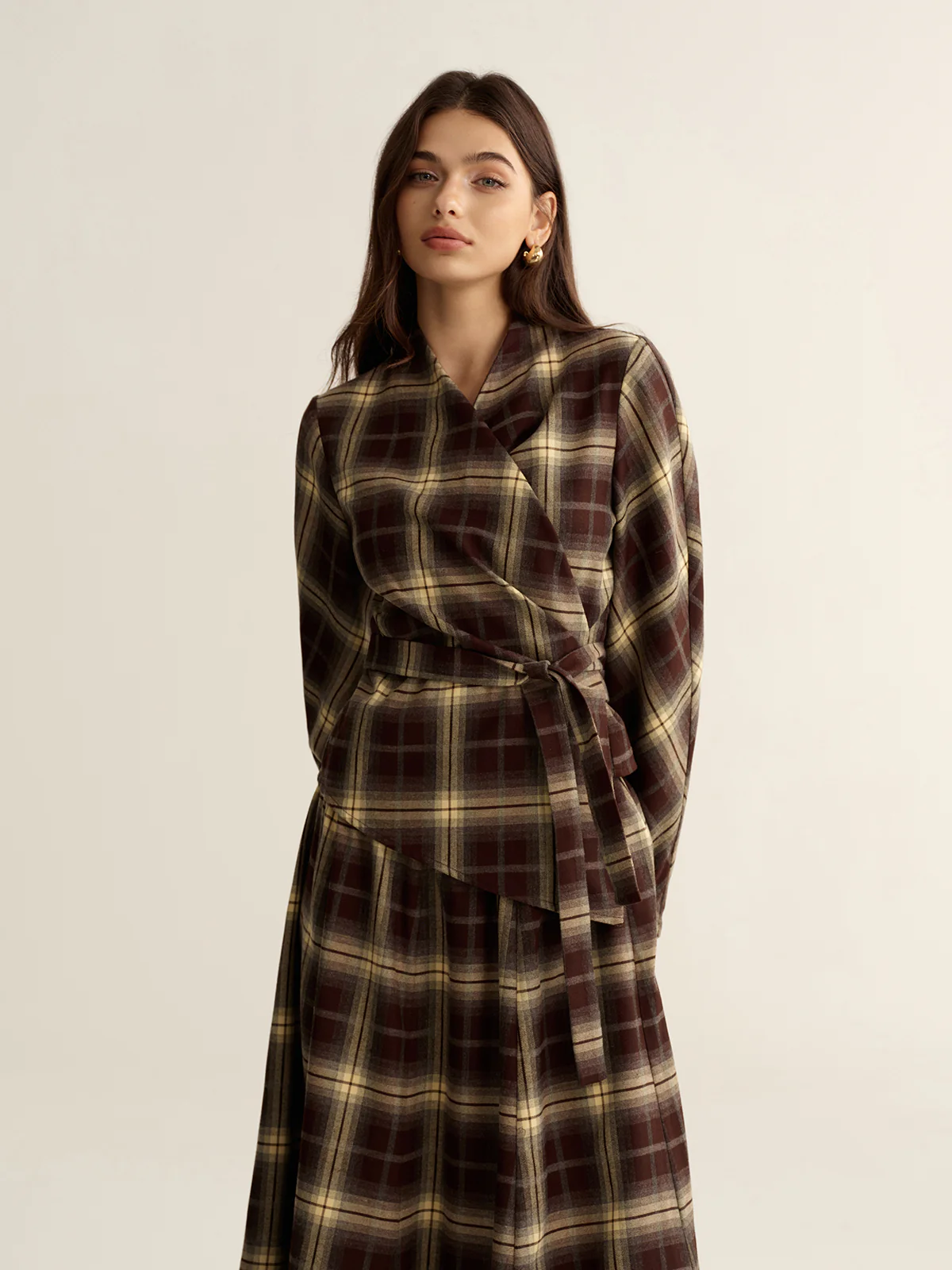 Asymmetric Plaid Wrap Fitted Shirt - Wholesalesil
