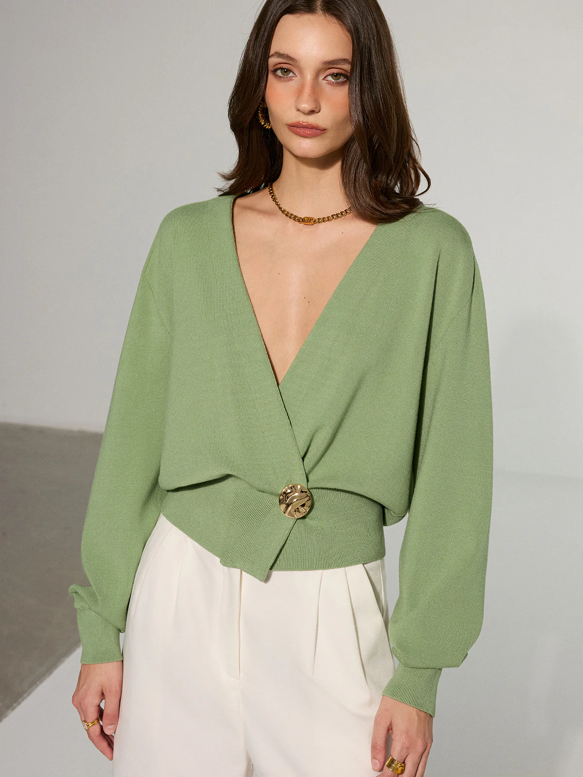 Metal Decor Waisted Knitted Wrap Cardigan - Wholesalesil