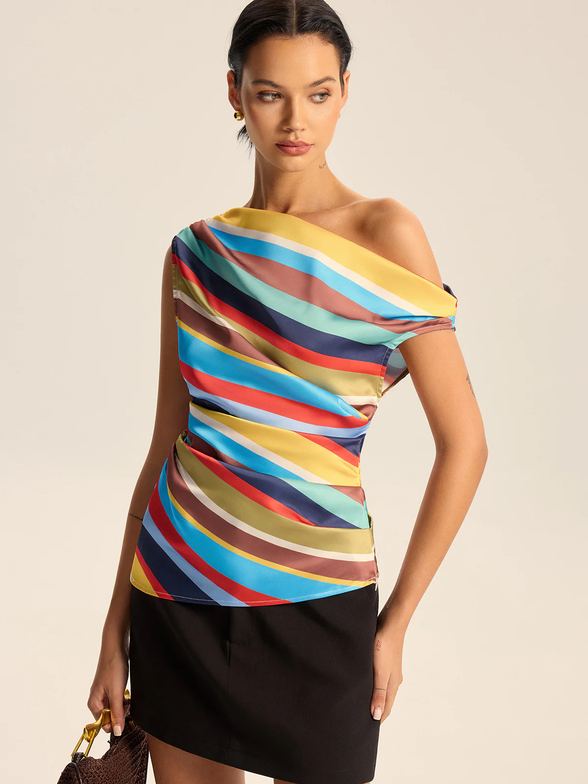 Colorful Striped One-Shoulder Top - Wholesalesil