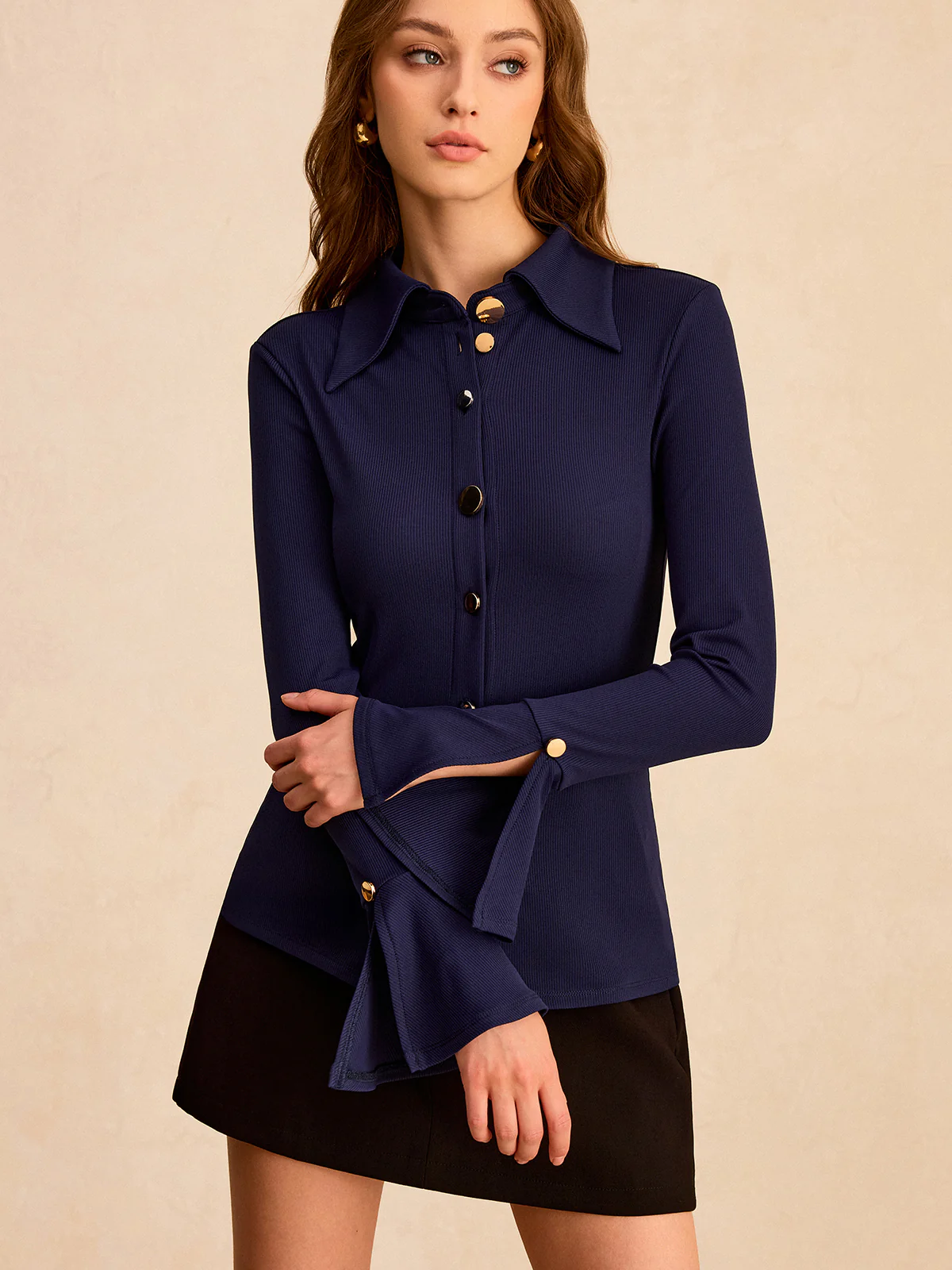 Orbit Button-front Shirt with Flared Sleeve - Wholesalesil