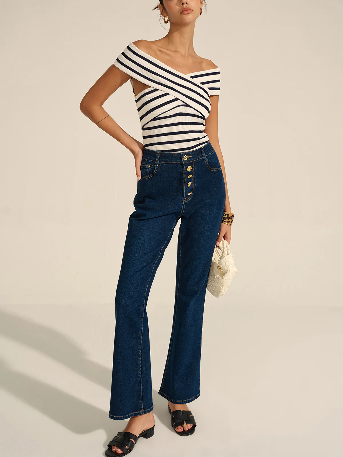 Denim Metal Decor Flared Pants - Wholesalesil