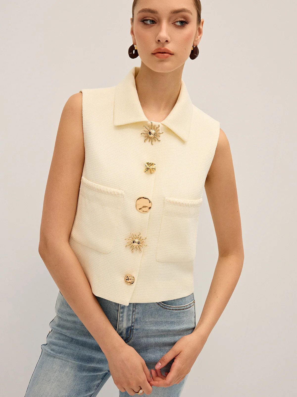 Irregular Metal Button Sleeveless Vest - Wholesalesil