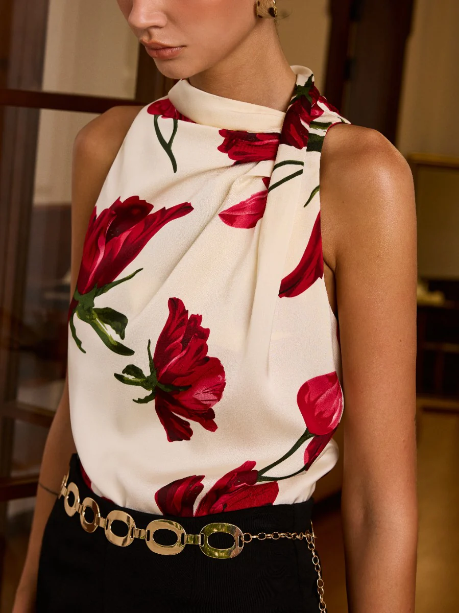 Floral Print Sleeveless Blouse with Knot Detail - Wholesalesil