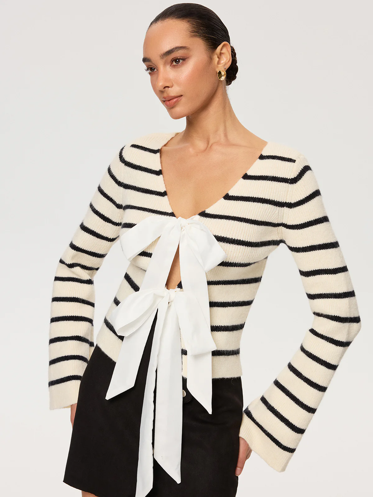 Reversible Striped Bow Cardigan - Wholesalesil