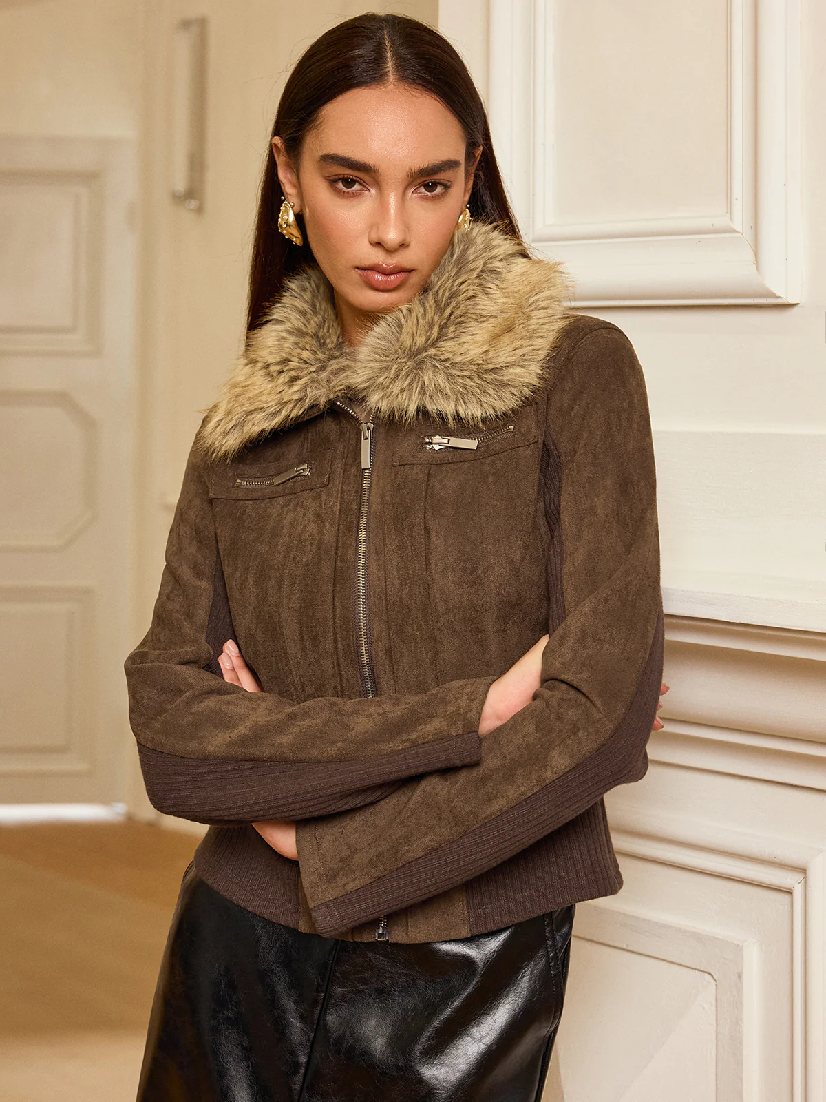 Faux Fur Collar Knit Panel Suede Effect Jacket - Wholesalesil